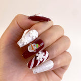 (Handmade) 10pcs/Set Red & White Stripe 3D Snowman Snowflake Christmas Press-On Nails