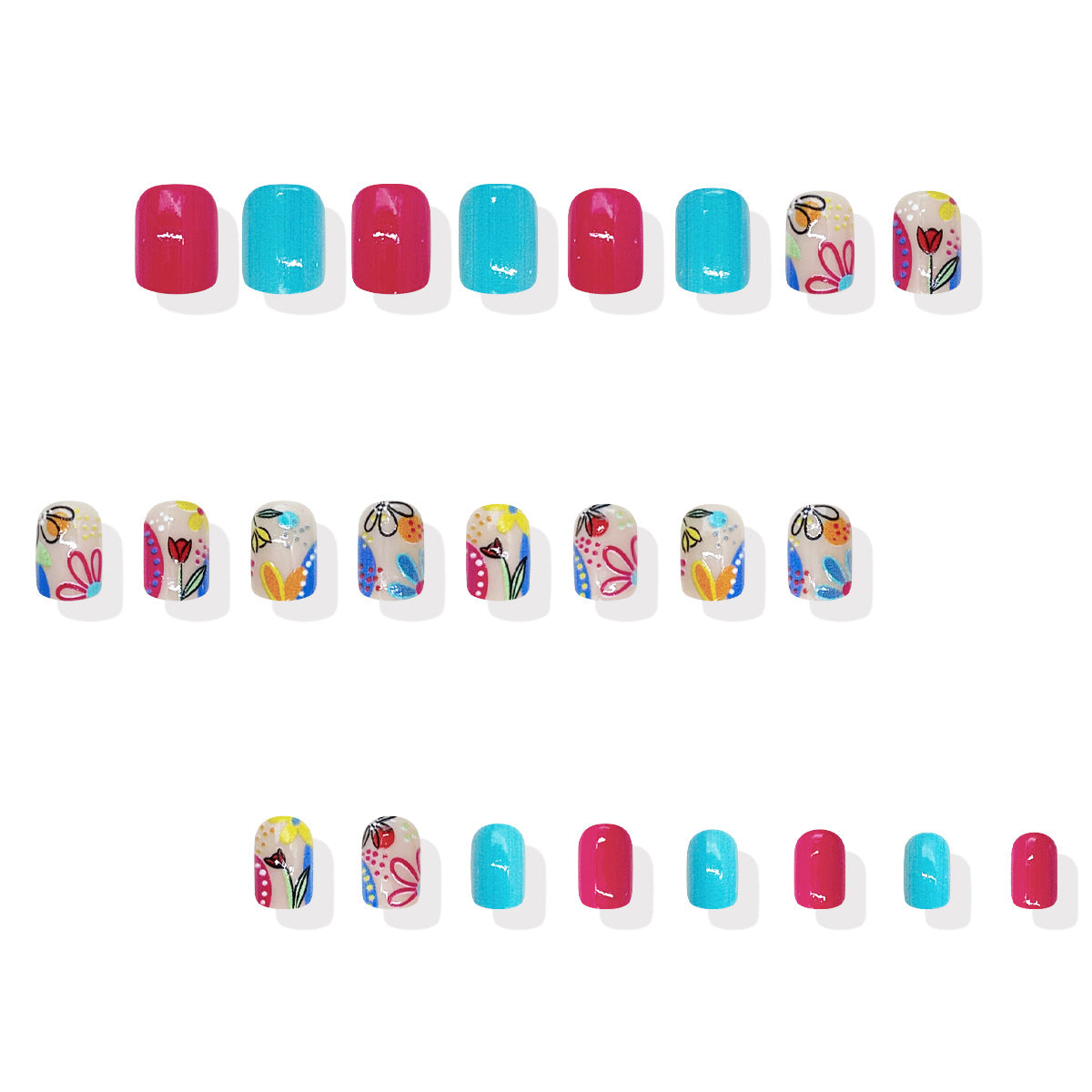 24pcs/Set Blue & Rose Red Color-Block Floral Press-On Nails