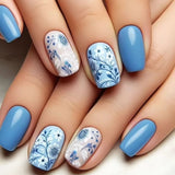 24pcs/Set Blue Flowers Press-On Nails