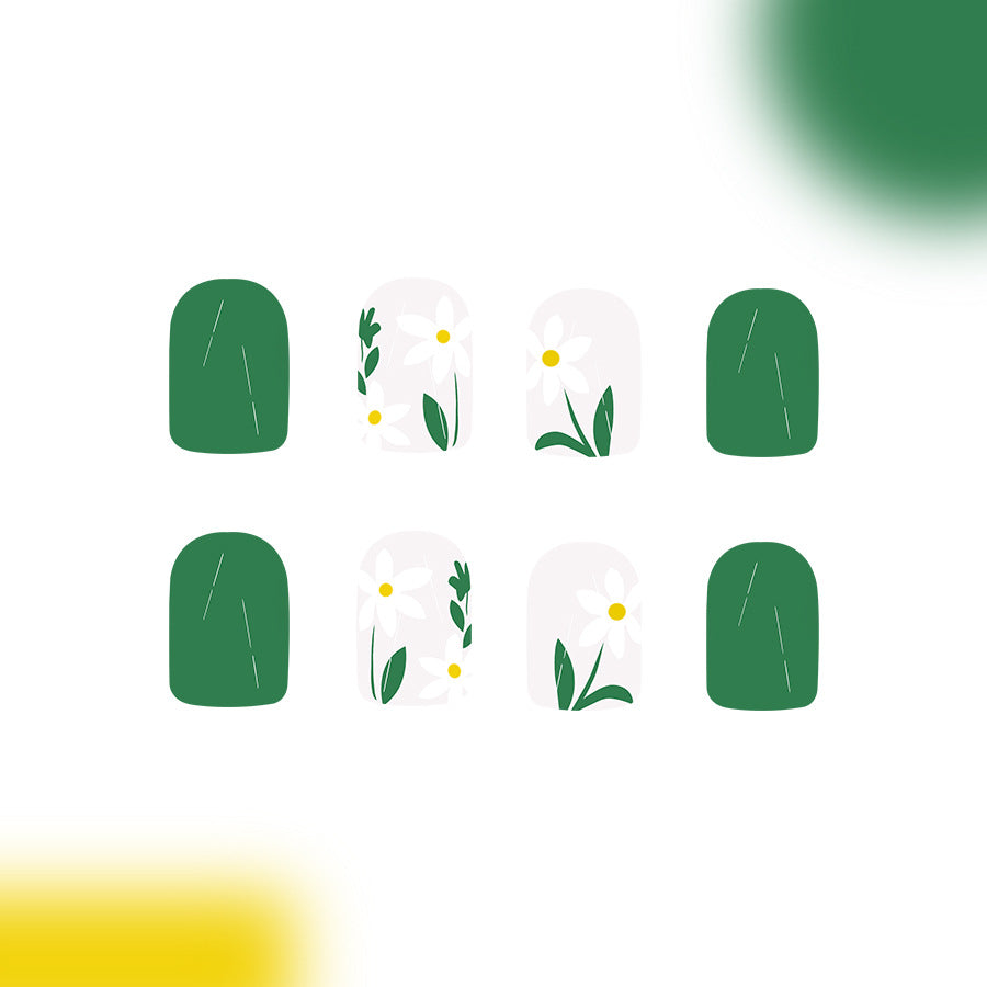 24pcs/Set Light Green Cute Floral Short Press-On Nails