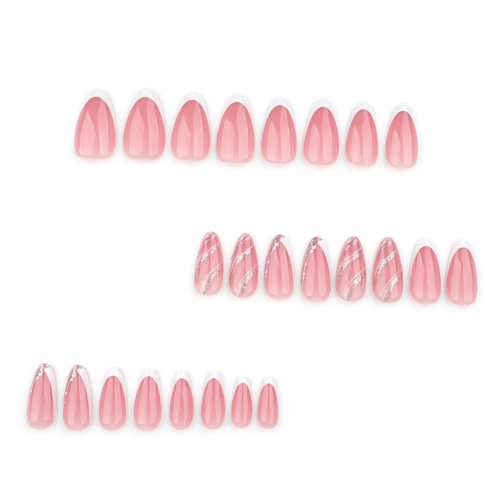 24pcs/Set White French Tips with Silver Glitter Waves Press-On Nails