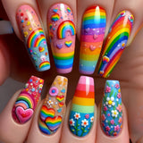 24pcs/Set Rainbow Multicolored Stripes Press-On Nails