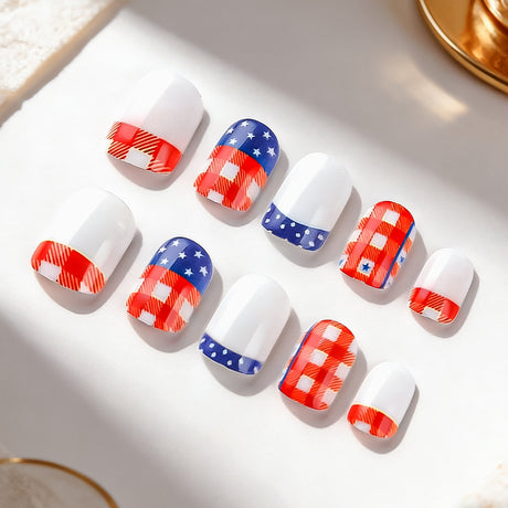 24pcs/Set Star Flag French Tip Polka Dots Press-On Nails
