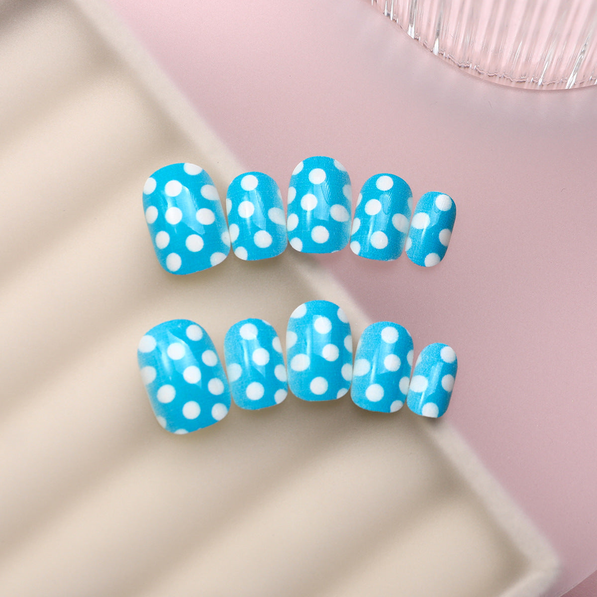 24pcs/Set Blue Polka Dots Press-On Nails For Kids