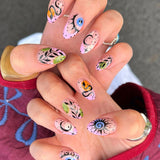 24pcs/Set Snake, Sun & Starry Sky Short Almond Press-On Nails