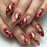 24pcs/Set Gold Foil Red Base Star Press-On Nails