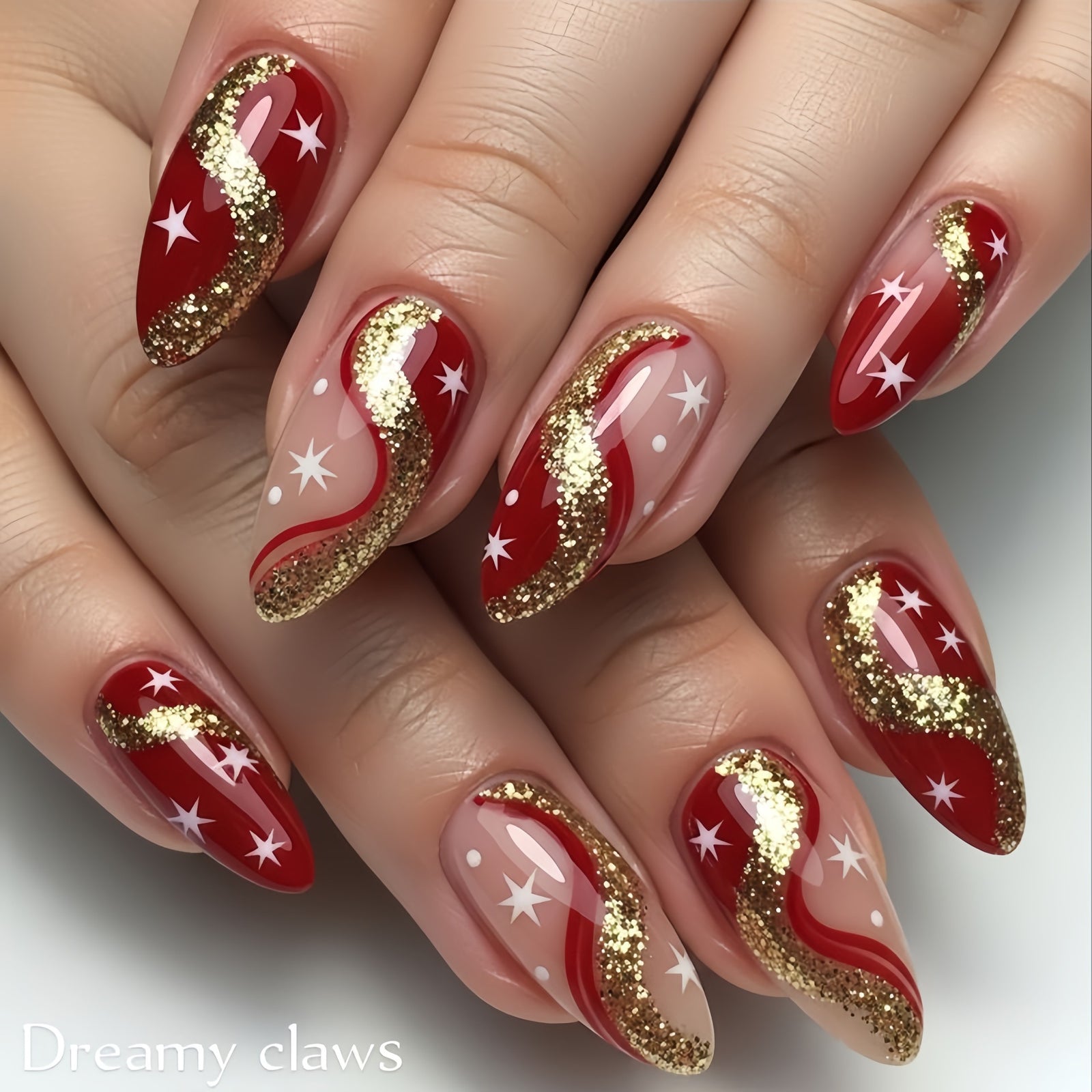 24pcs/Set Gold Foil Red Base Star Press-On Nails