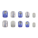 24pcs/Set Blue-Gray Silver Glitter Rhinestone Short Press On Nails