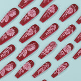 24pcs/Set Burgundy Matte Rose Press-On Nails