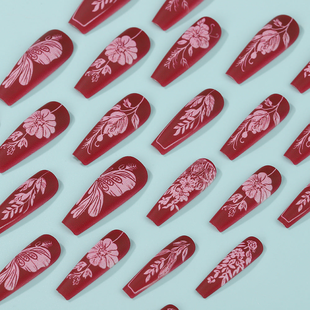 24pcs/Set Burgundy Matte Rose Press-On Nails