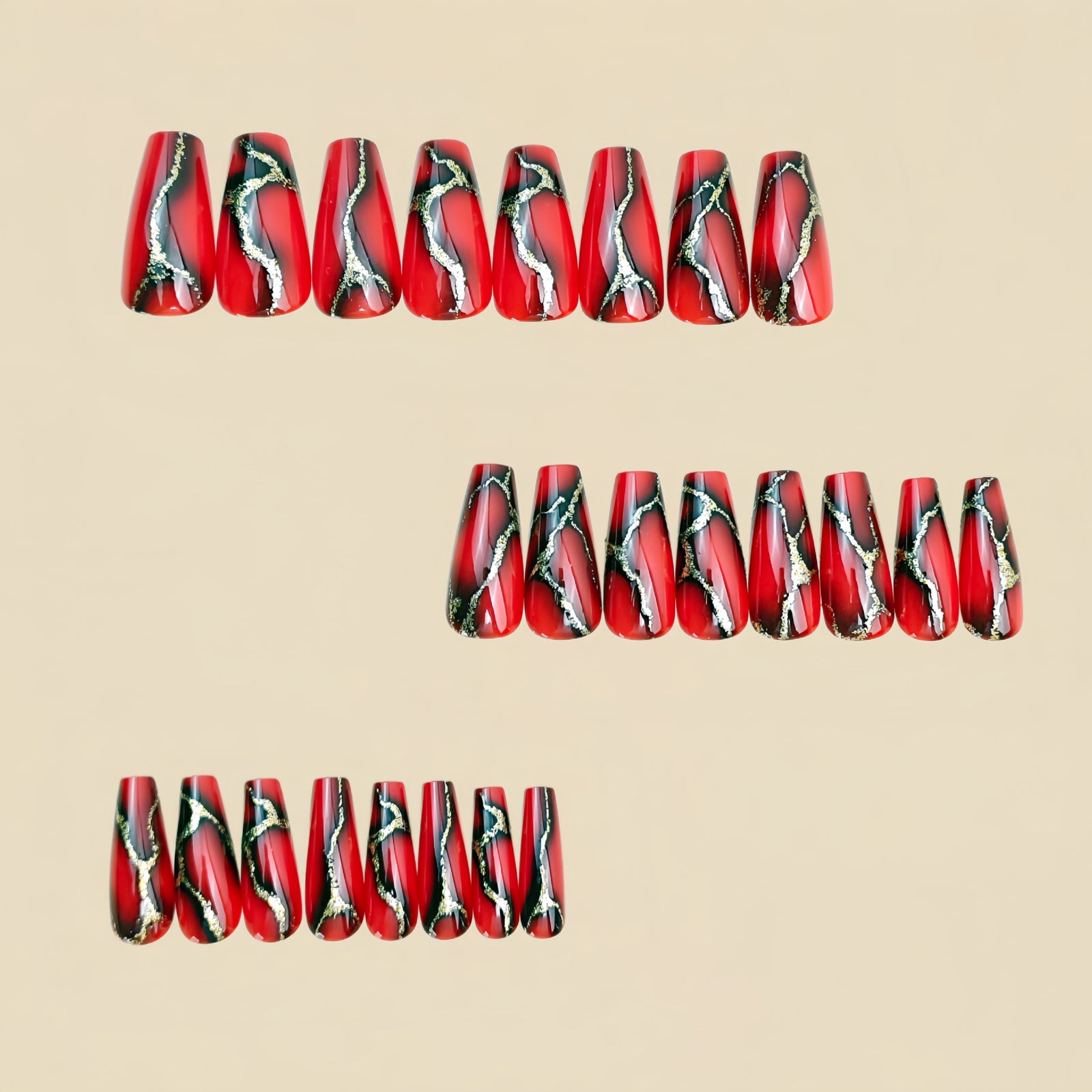 24pcs/Set Red & Black Gold Foil Crackle Press-On Nails