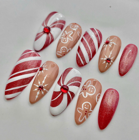 (Handmade) 10pcs/Set Christmas Gingerbread Candy Cane Glitter Press On Nails