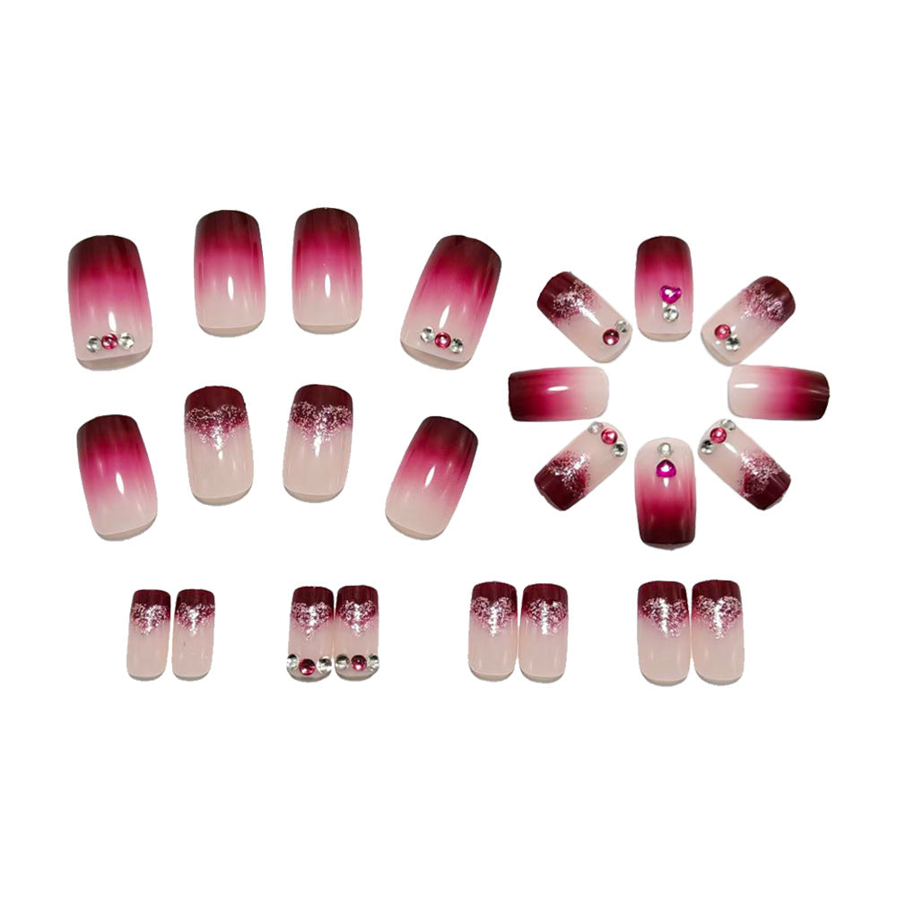 24pcs/Set Burgundy Gradient Heart Press-On Nails