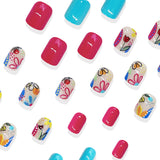 24pcs/Set Blue & Rose Red Color-Block Floral Press-On Nails