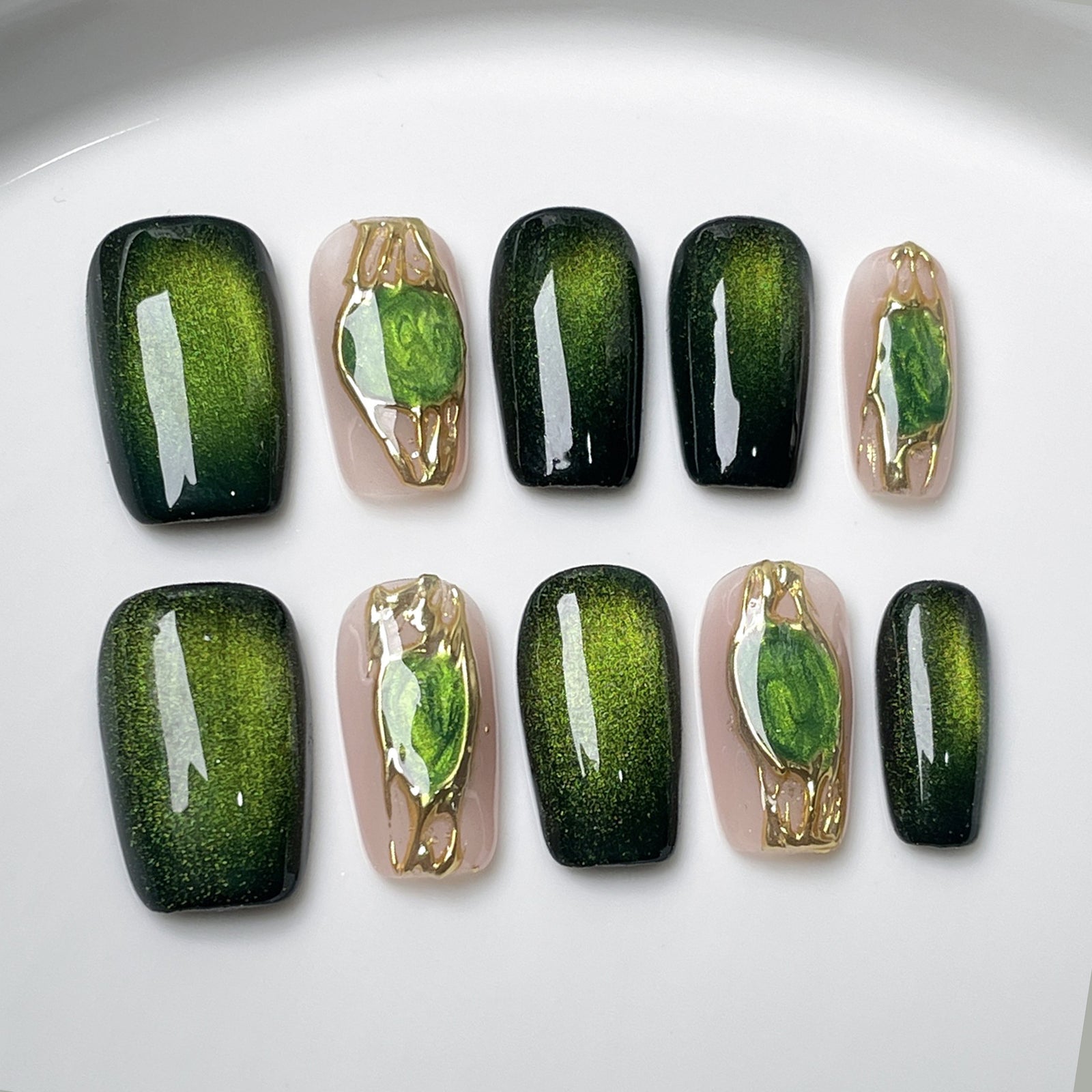 (Handmade) 10pcs/Set Jade Cat Eye Press-On Nails