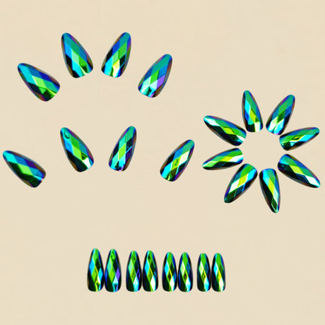 24pcs/Set 3D Faceted Rhombus Green Chrome Press-On Nails