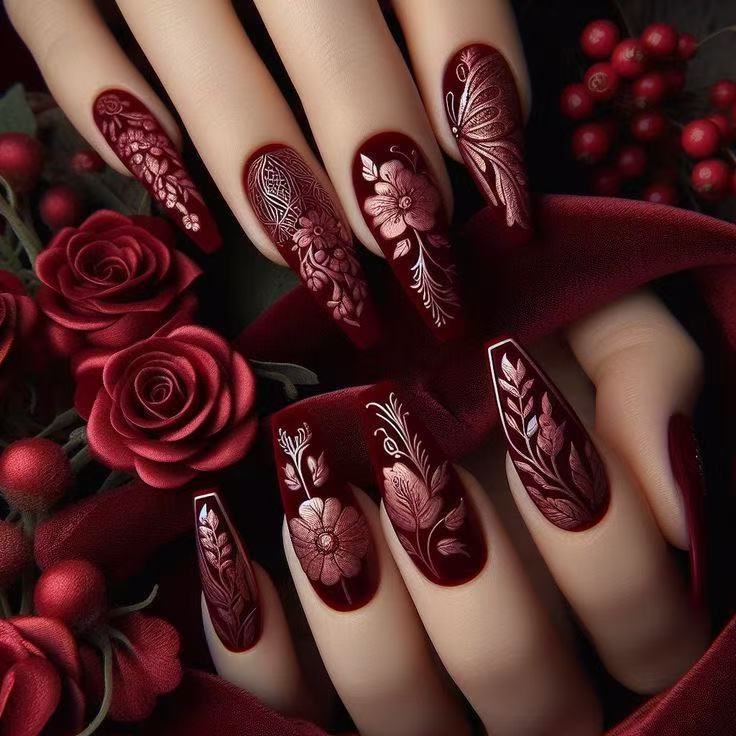 24pcs/Set Burgundy Matte Rose Press-On Nails