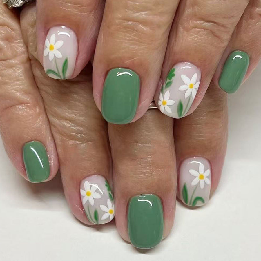 24pcs/Set Light Green Cute Floral Short Press-On Nails