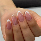 24pcs/Set White French Tips with Silver Glitter Waves Press-On Nails