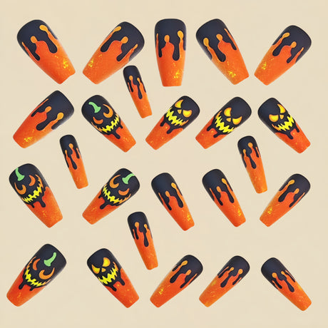24pcs/Set Orange Pumpkin Jack-o'-Lantern Press-On Nails