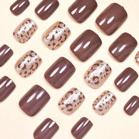 24pcs/Set Brown Leopard Print Glitter Short Press On Nails