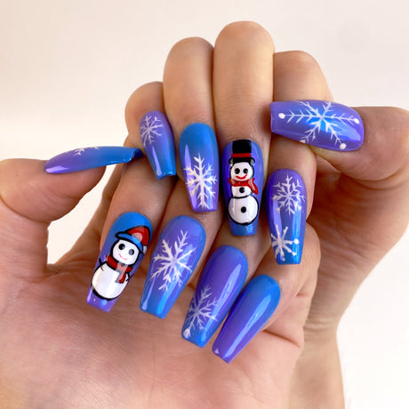 (Handmade) 10pcs/Set Blue & Purple Gradient Snowman Snowflake Press-On Nails