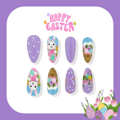 24pcs/Set Purple Easter Egg Bunny & Flowers Press-On Nails