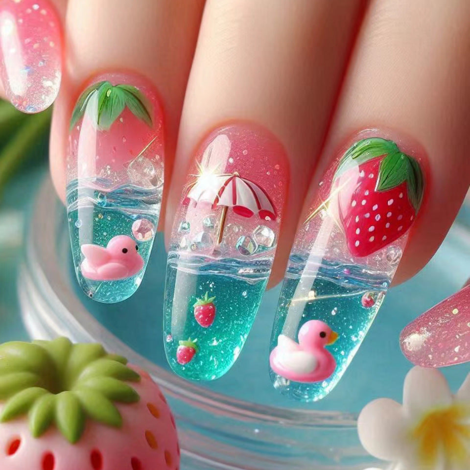 24pcs/Set Strawberry Pink Duck Playing in Water Press-On Nails
