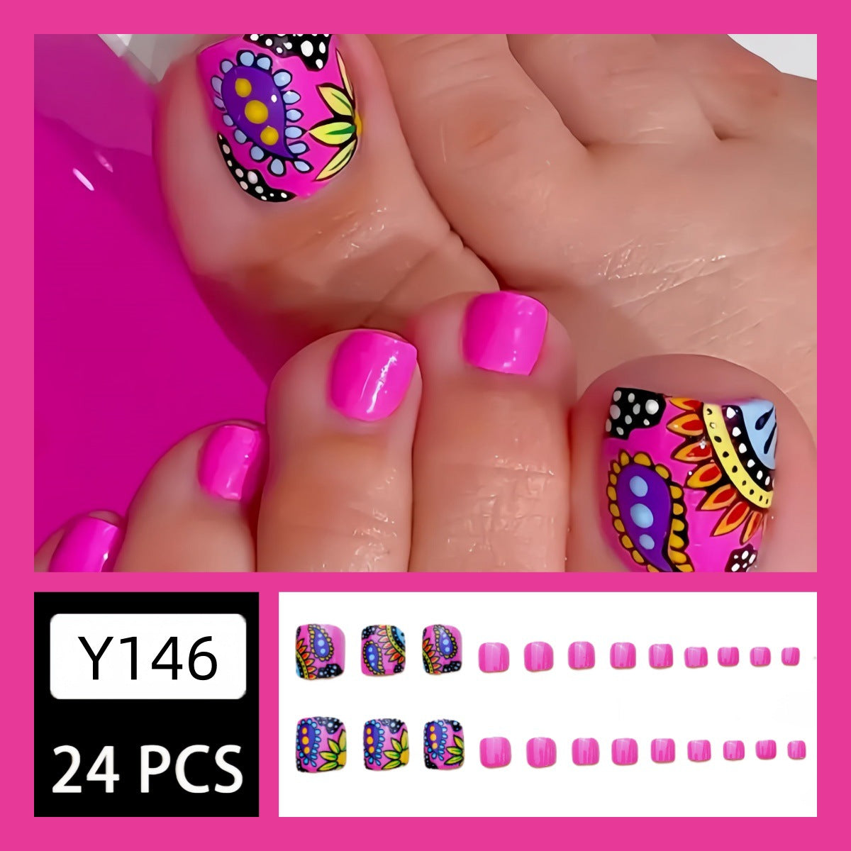 24pcs/Set Barbie Pink Square Flower Press On Toe Nails