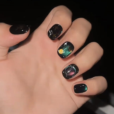 （Handmade) 10pcs/Set Blue Galaxy & Planet Press-On Nails
