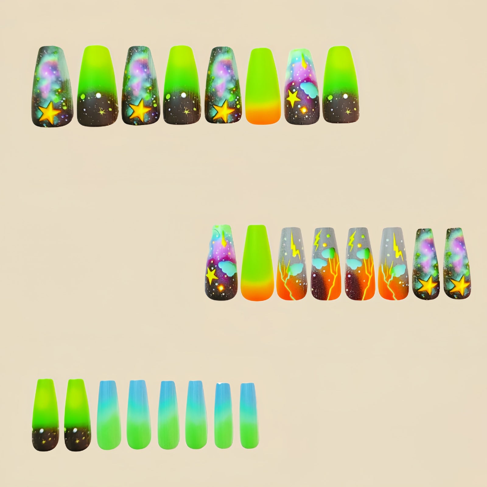 24pcs/Set Green Lightning Cloud Press-On Nails