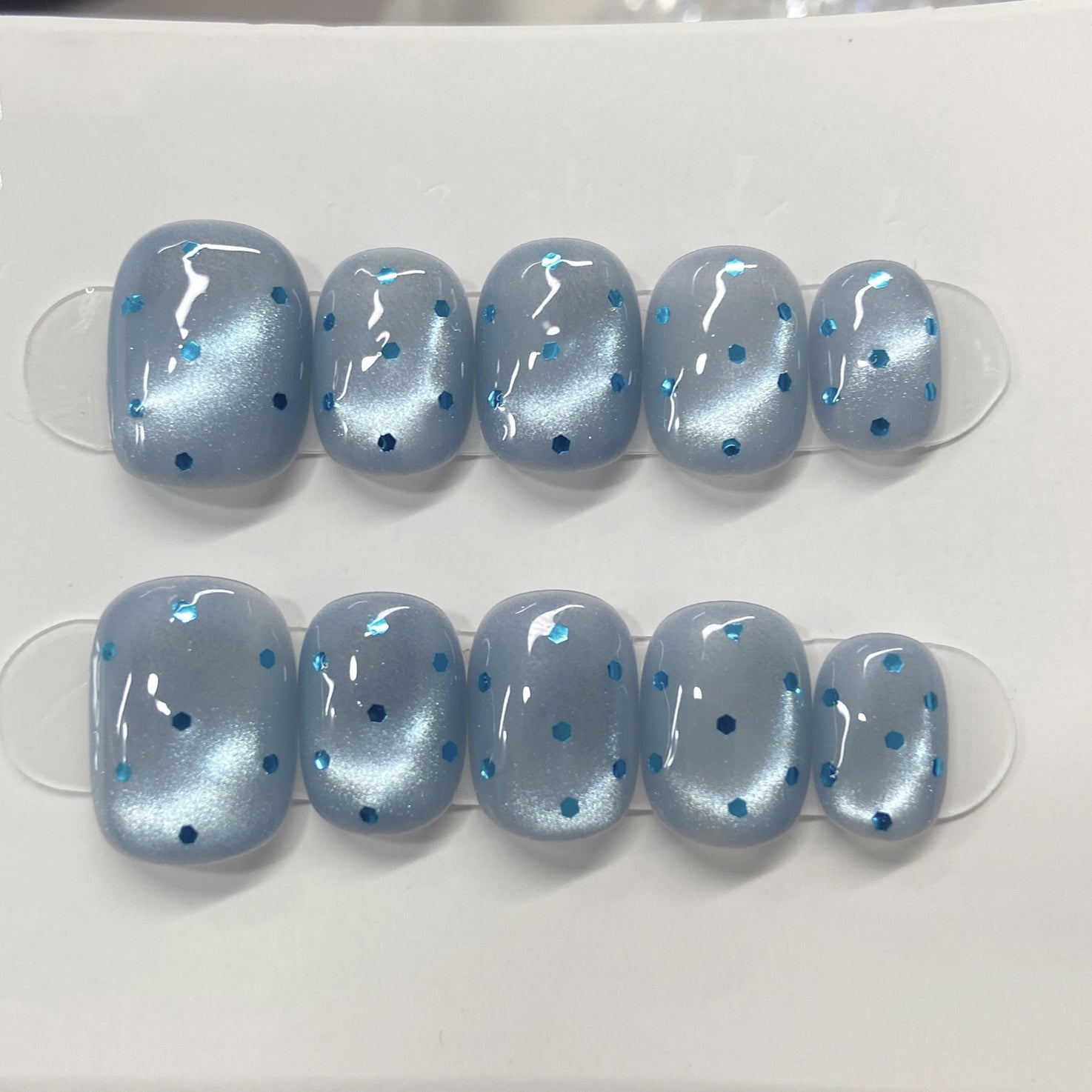 (Handmade) 10pcs/Set Sea Salt Polka Dot Cat Eye Press-On Nails