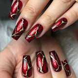 24pcs/Set Red & Black Gold Foil Crackle Press-On Nails