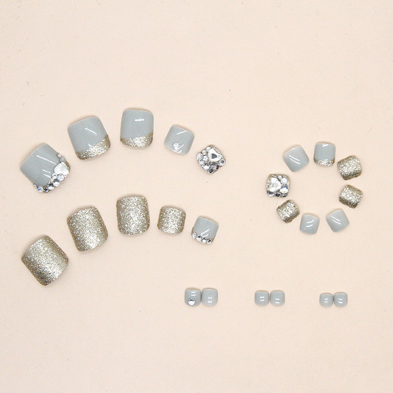 24pcs/Set Champagne Sparkling Heart Diamond Press On Toe Nails
