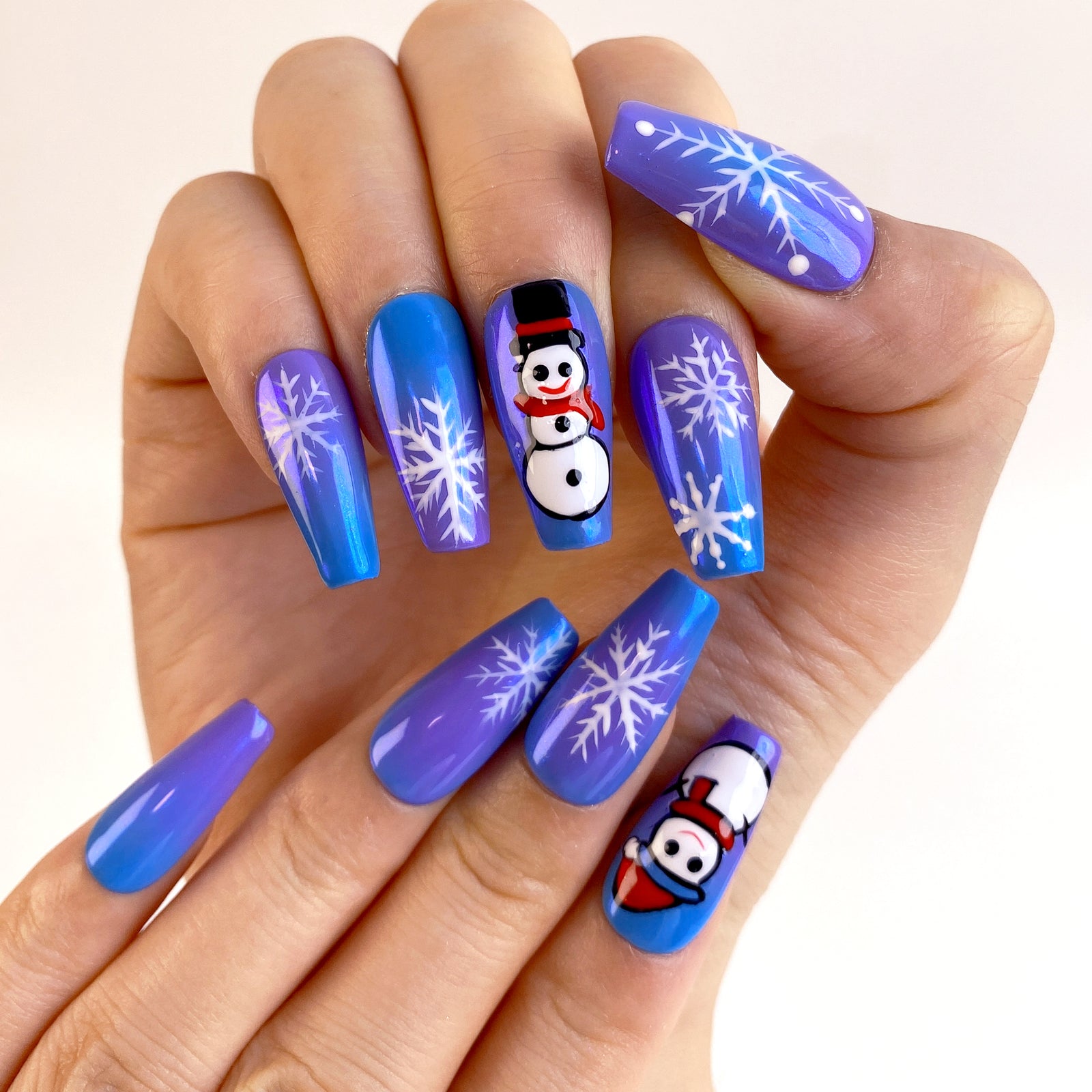 (Handmade) 10pcs/Set Blue & Purple Gradient Snowman Snowflake Press-On Nails