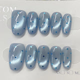 (Handmade) 10pcs/Set Sea Salt Polka Dot Cat Eye Press-On Nails