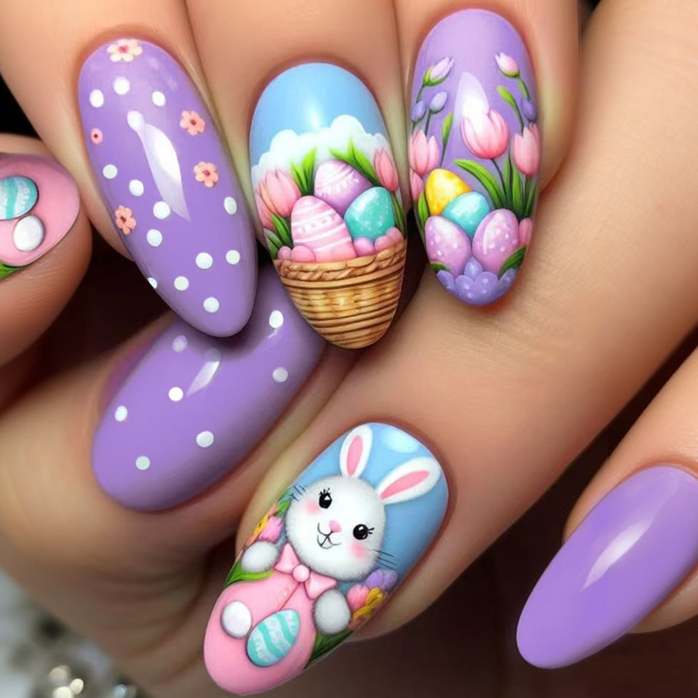24pcs/Set Purple Easter Egg Bunny & Flowers Press-On Nails