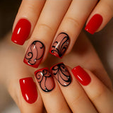 24pcs/Set Black Flower Rhinestone Line Short Press-On Nails