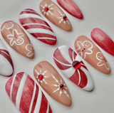 (Handmade) 10pcs/Set Christmas Gingerbread Candy Cane Glitter Press On Nails