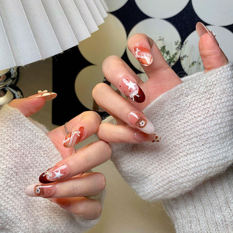 (Handmade) 10pcs/Set French Nails with Bow & Teddy Bear Press-On Nails