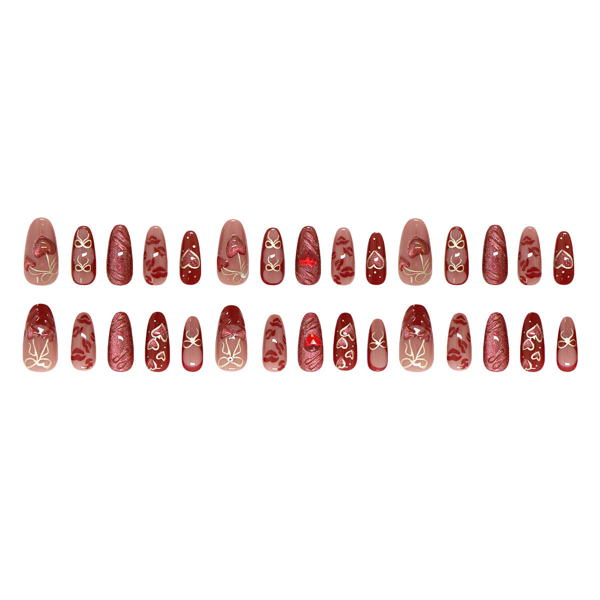 30pcs/Set Cat Eye Hearts & Cherries Press-On Nails