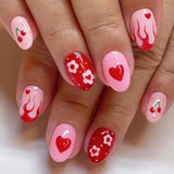 24pcs/Set Heart Flame Small Flowers Cherries Short Press-On Nails