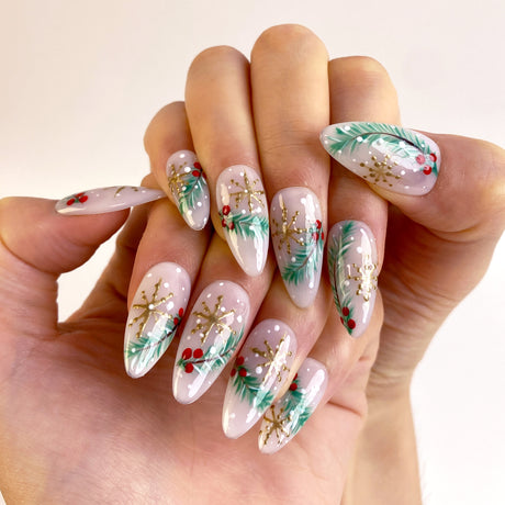 (Handmade) 10pcs/Set Gold Snowflake Christmas Tree Press-On Nails