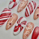 (Handmade) 10pcs/Set Christmas Gingerbread Candy Cane Glitter Press On Nails
