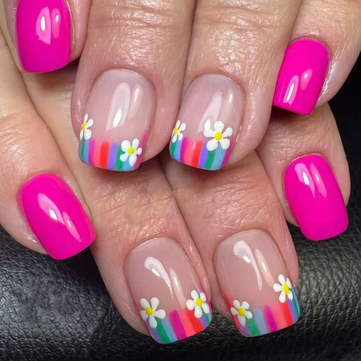24pcs/Set French Striped Colorful Flowers Press-On Nails