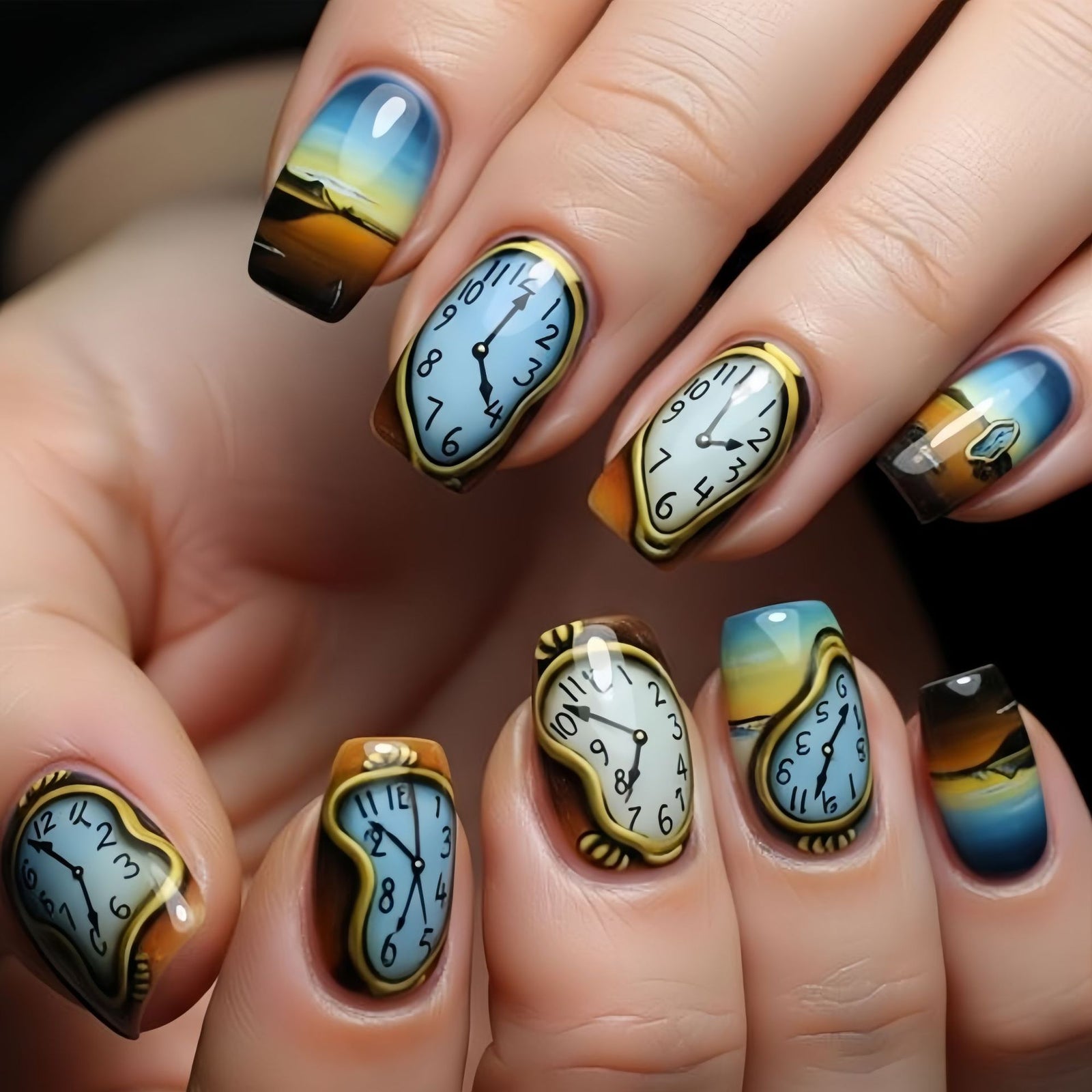 24pcs/Set Landscape Oil Painting Clock Press-On Nails