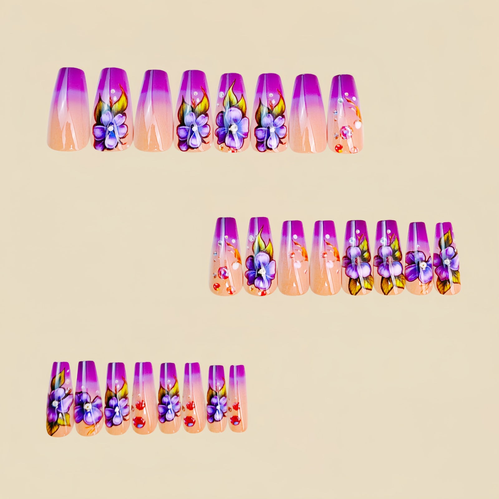 24pcs/Set Purple Pink Gradient Flower Press-On Nails