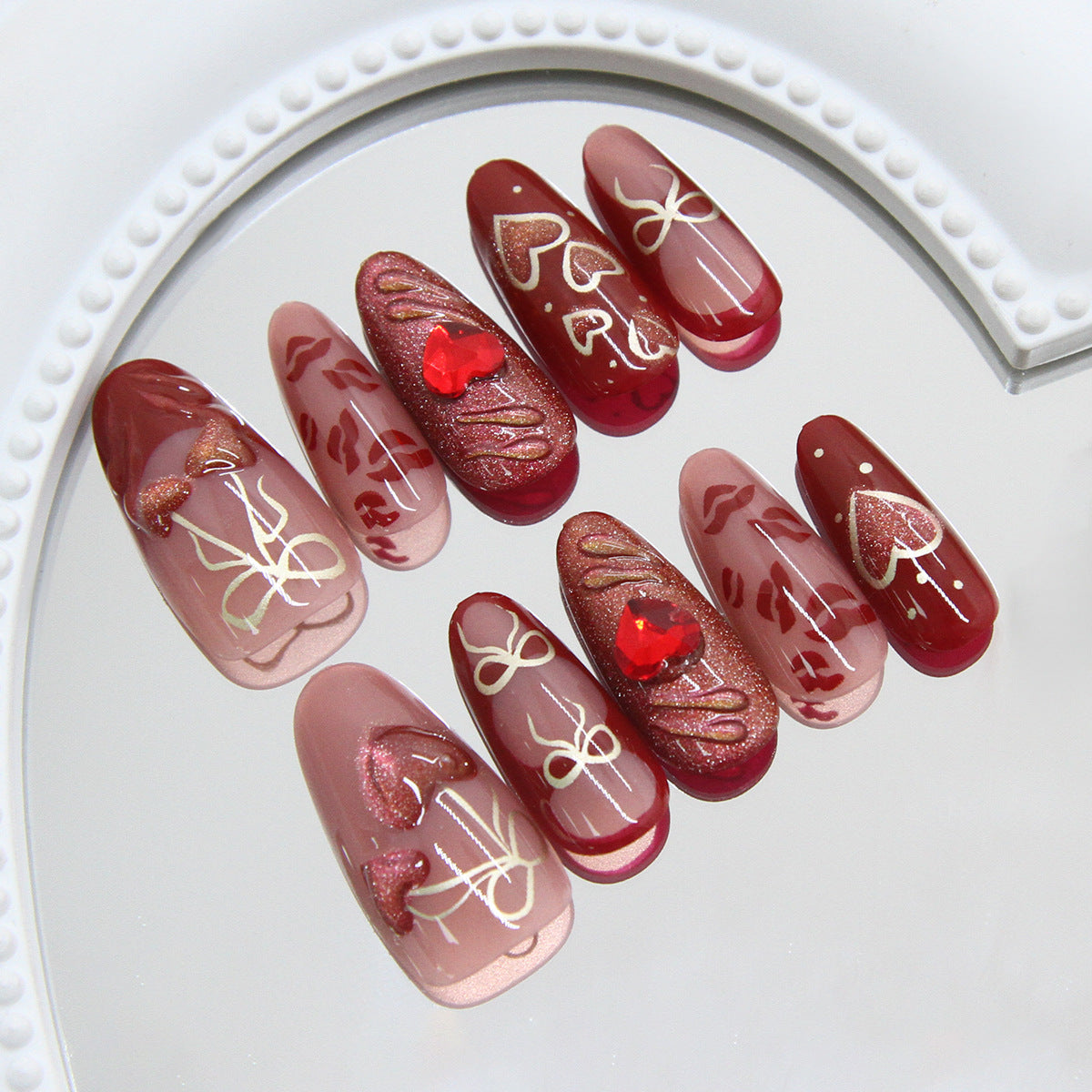30pcs/Set Cat Eye Hearts & Cherries Press-On Nails