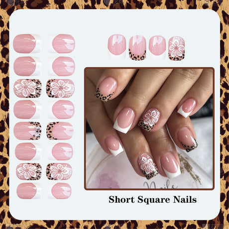 24pcs/Set White French Tip Leopard Floral Short Press On Nails