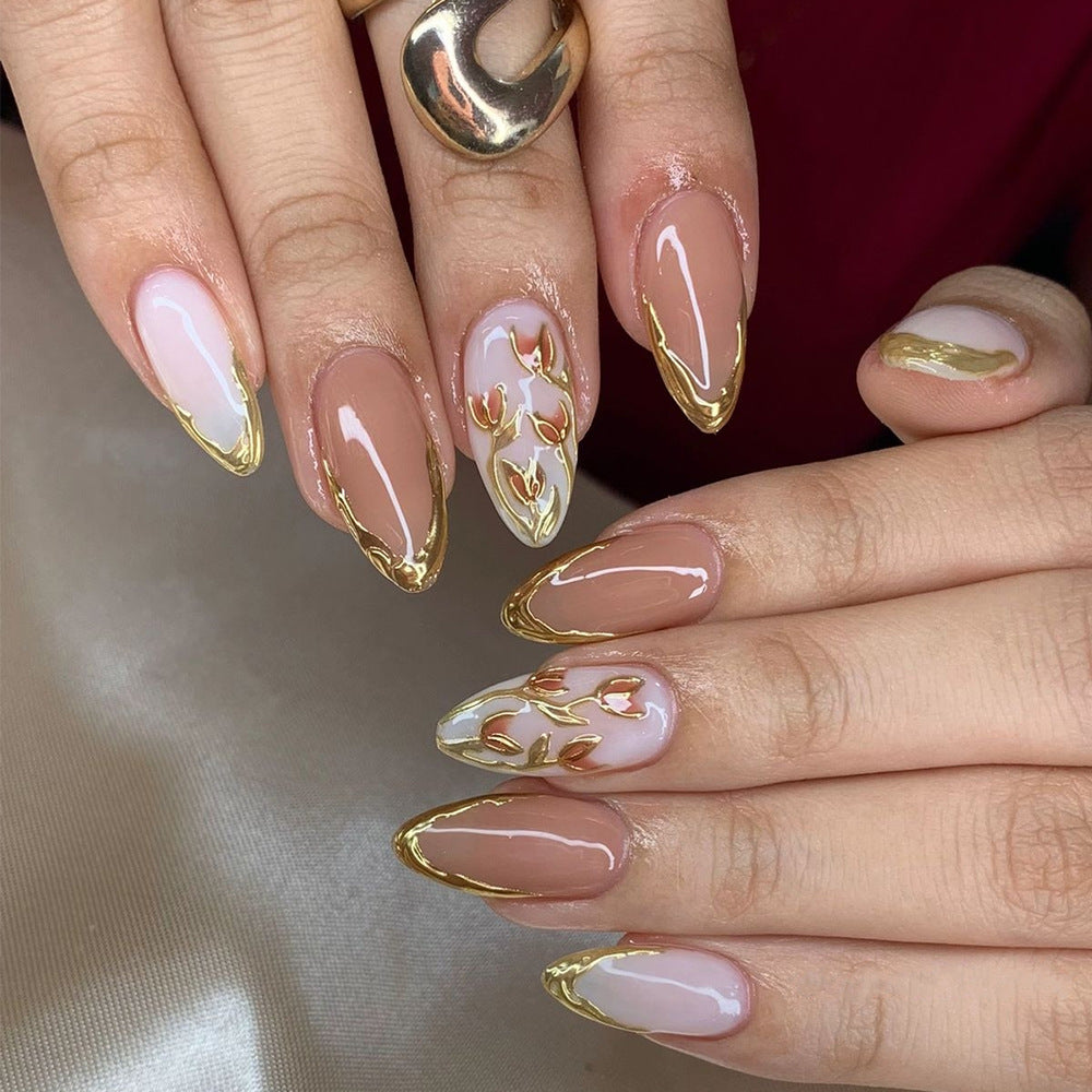 24pcs/Set 3D Gilded Floral Press-On Nails